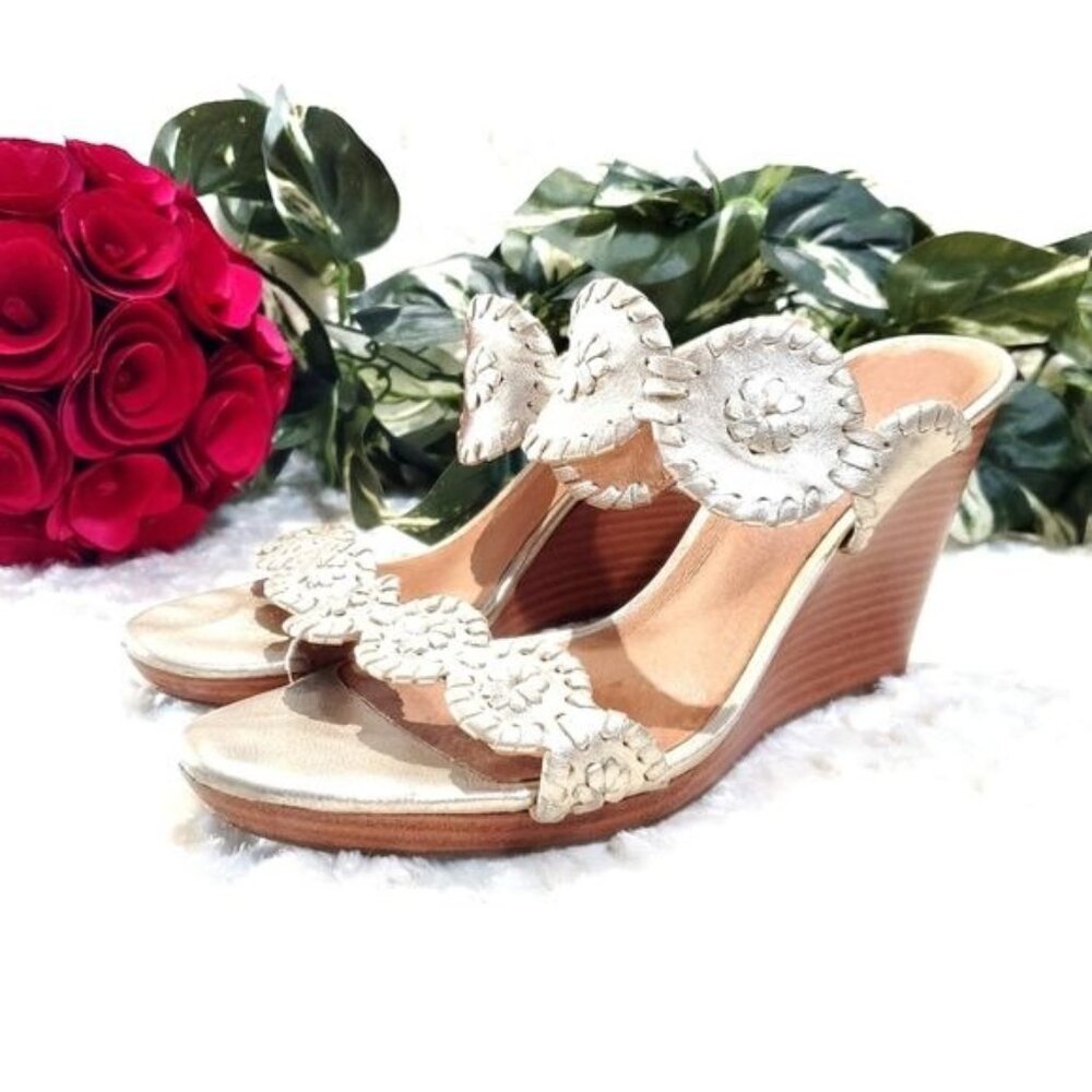 Jack Rogers Gold Platinum Leather Sandal Wedge Platform Greek Goddess